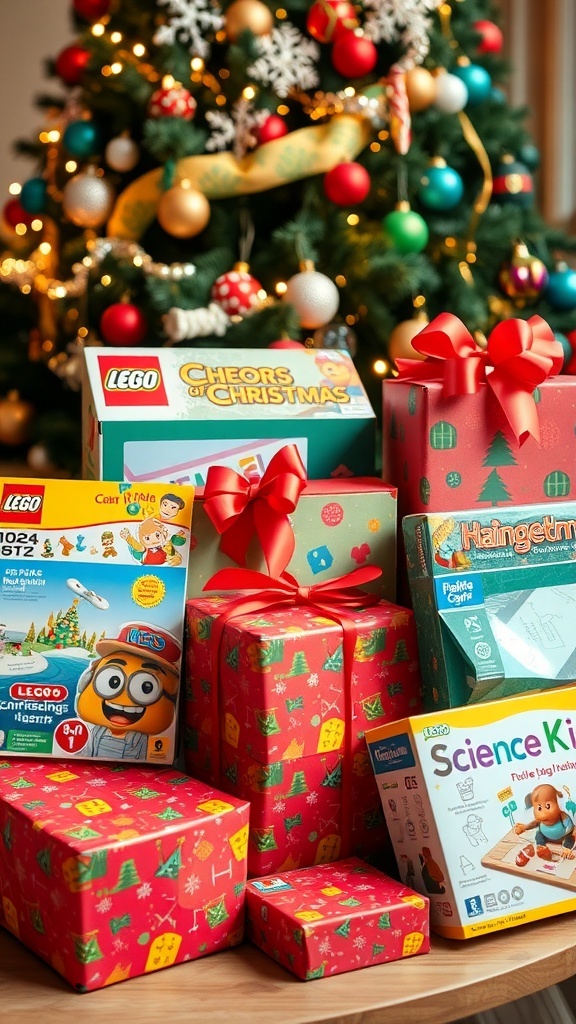 A collection of Christmas gifts for kids, featuring LEGO, art supplies, and games, with a Christmas tree in the background.